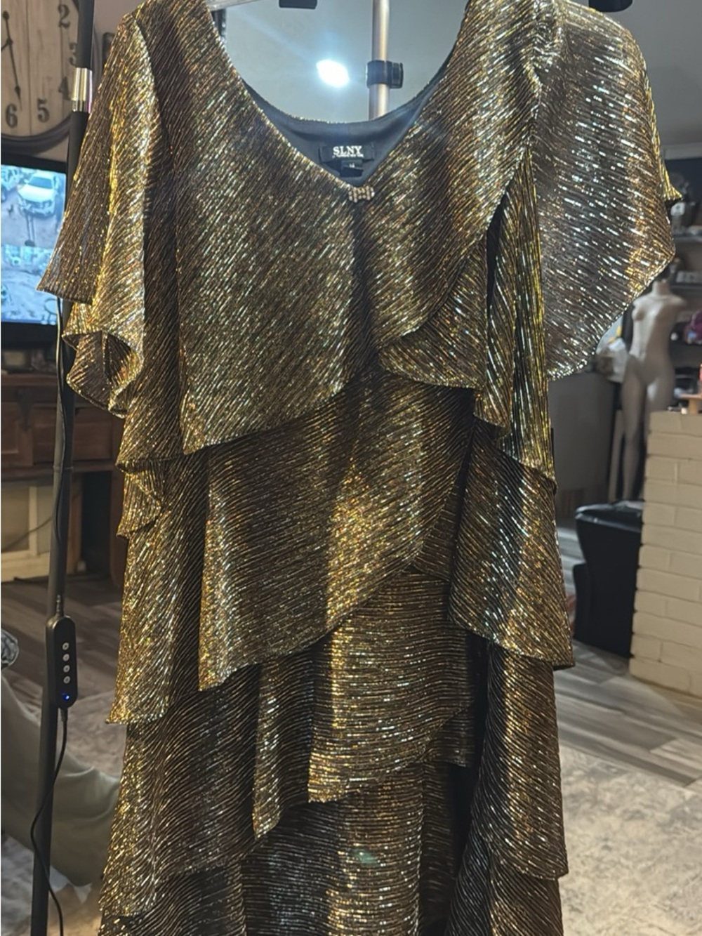 SLNY Metallic Gold Tiered Ruffle V-Neck Top#251